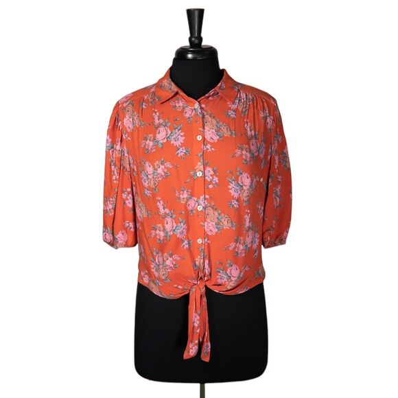 Free People Women's Shirt Button Up Floral Tie Front Boho Oversized Crop Top S - Picture 1 of 9